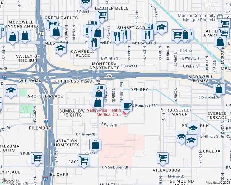 map of restaurants, bars, coffee shops, grocery stores, and more near 1102 North 25th Place in Phoenix
