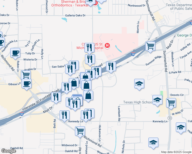 map of restaurants, bars, coffee shops, grocery stores, and more near Mall Drive in Texarkana