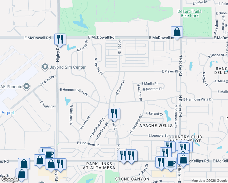 map of restaurants, bars, coffee shops, grocery stores, and more near 2450 North 56th Street in Mesa