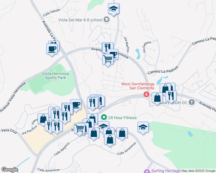 map of restaurants, bars, coffee shops, grocery stores, and more near 34 Paseo Rosa in San Clemente