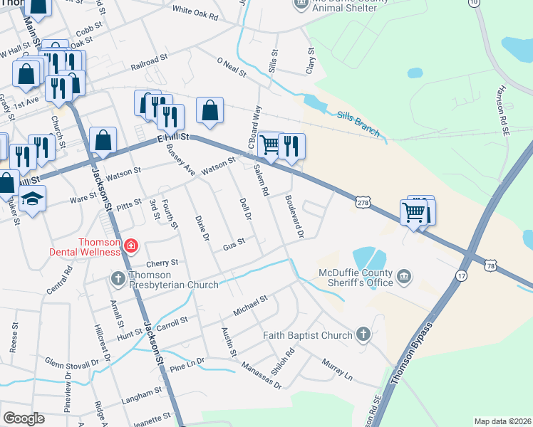 map of restaurants, bars, coffee shops, grocery stores, and more near 510A Salem Road in Thomson