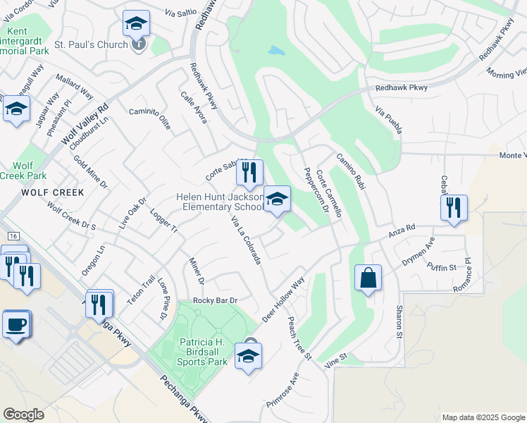 map of restaurants, bars, coffee shops, grocery stores, and more near 32400 Camino San Dimas in Temecula