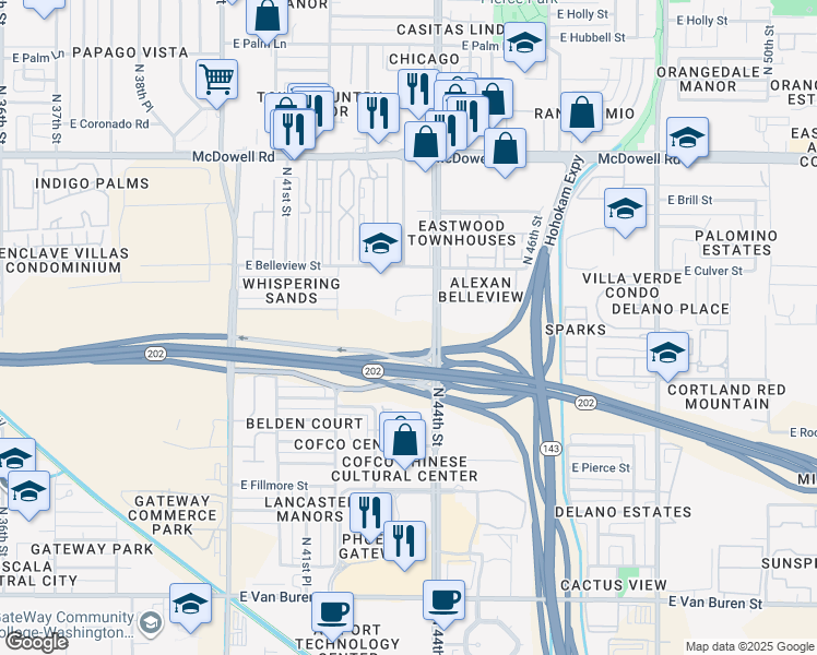 map of restaurants, bars, coffee shops, grocery stores, and more near 1024 North 44th Street in Phoenix