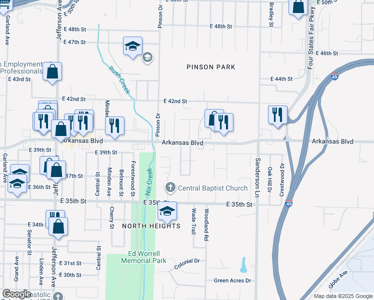 map of restaurants, bars, coffee shops, grocery stores, and more near 5 Meadowview Drive in Texarkana