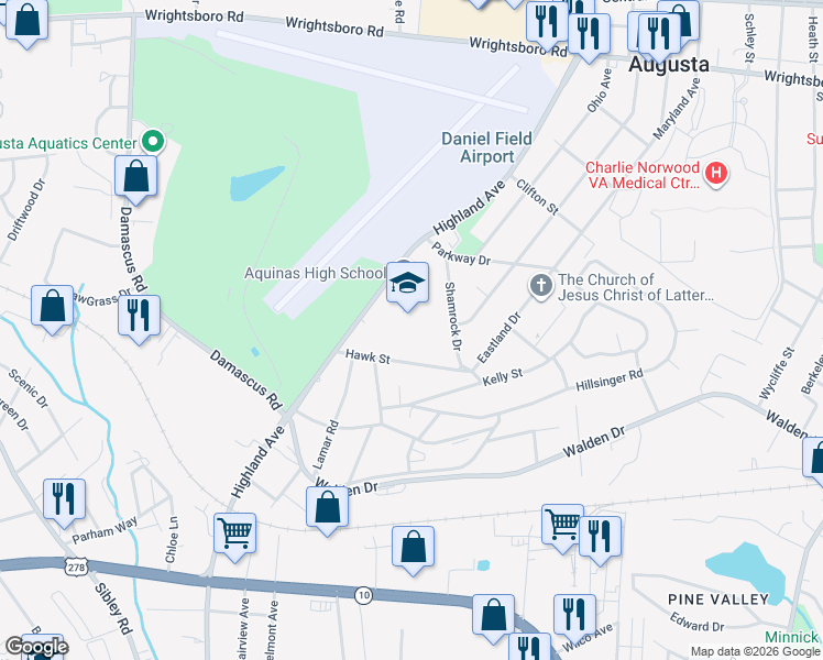 map of restaurants, bars, coffee shops, grocery stores, and more near 1920 Highland Avenue in Augusta