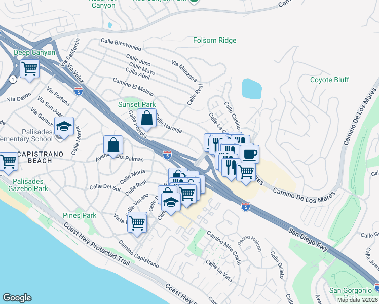 map of restaurants, bars, coffee shops, grocery stores, and more near 34582 Calle Portola in Dana Point