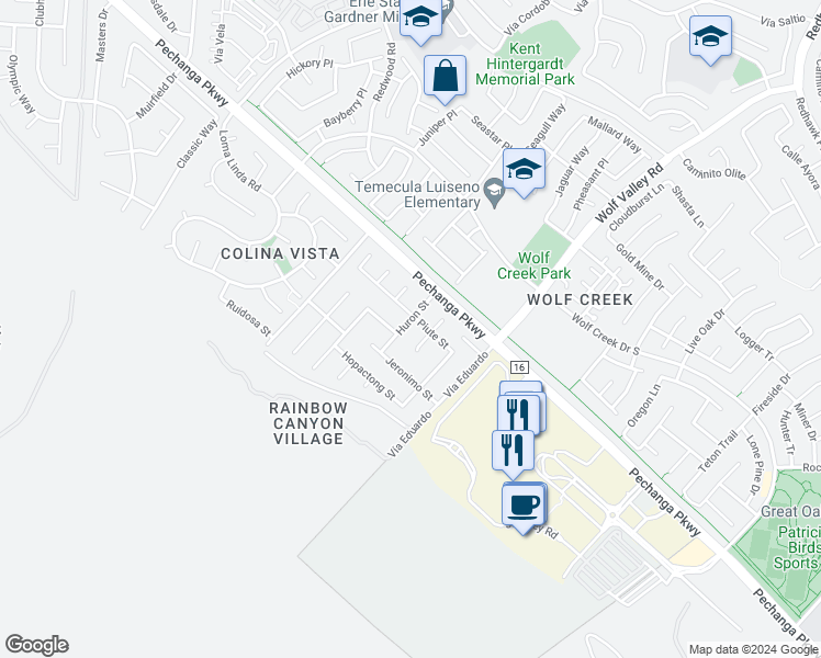 map of restaurants, bars, coffee shops, grocery stores, and more near 31305 Huron Street in Temecula