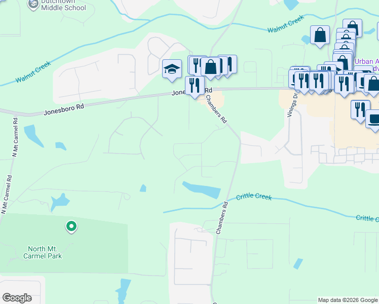 map of restaurants, bars, coffee shops, grocery stores, and more near 1555 Chambers Road in McDonough