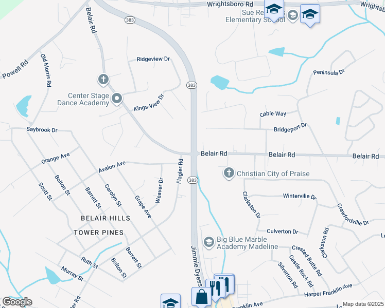 map of restaurants, bars, coffee shops, grocery stores, and more near Jimmie Dyess Pkwy & Belair Rd in Augusta