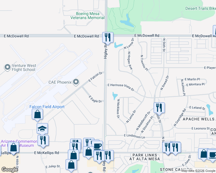 map of restaurants, bars, coffee shops, grocery stores, and more near 5210 East Hermosa Vista Drive in Mesa