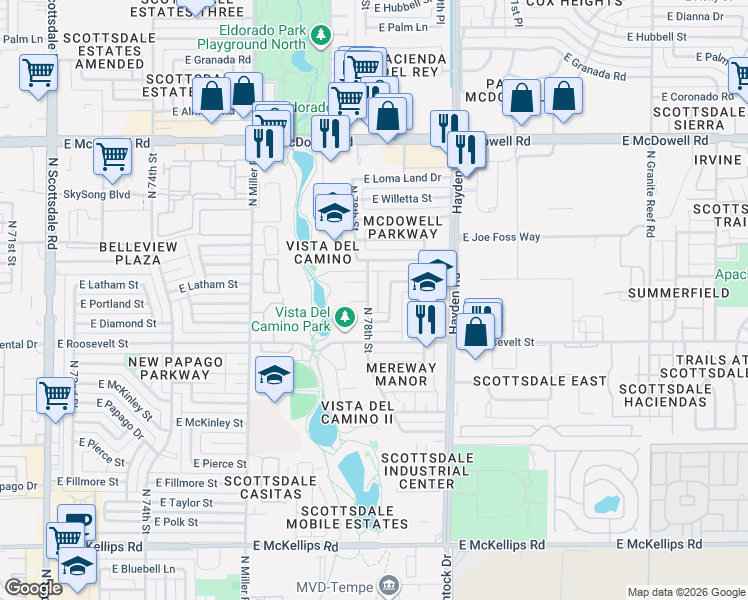 map of restaurants, bars, coffee shops, grocery stores, and more near 1120 North 78th Place in Scottsdale