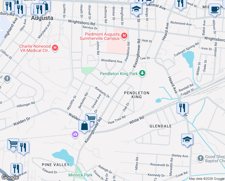 map of restaurants, bars, coffee shops, grocery stores, and more near 2206 Joyce Street in Augusta