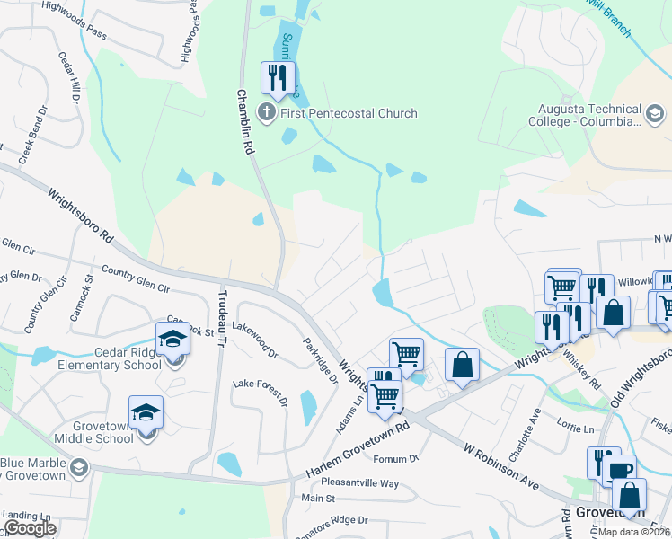 map of restaurants, bars, coffee shops, grocery stores, and more near 231 Lynbrook Way in Grovetown