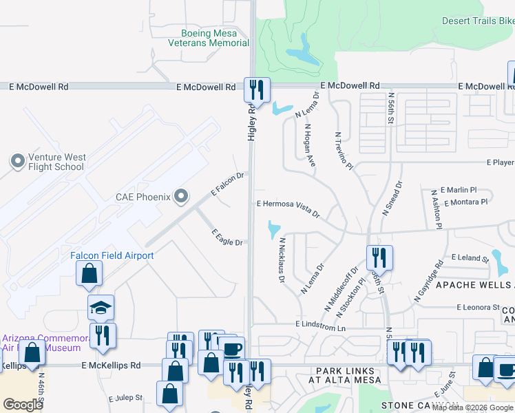 map of restaurants, bars, coffee shops, grocery stores, and more near 5210 East Hermosa Vista Drive in Mesa