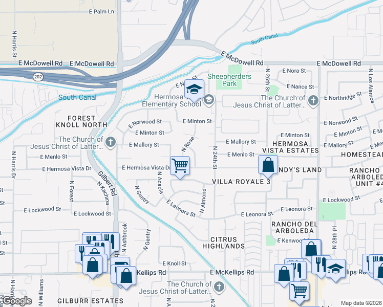 map of restaurants, bars, coffee shops, grocery stores, and more near 2446 North Alamo in Mesa
