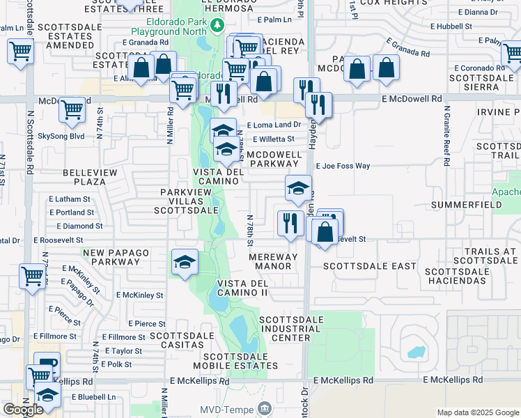 map of restaurants, bars, coffee shops, grocery stores, and more near 1120 North 78th Place in Scottsdale