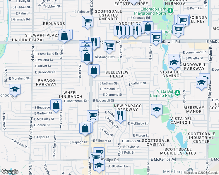 map of restaurants, bars, coffee shops, grocery stores, and more near 7245 East Latham Street in Scottsdale