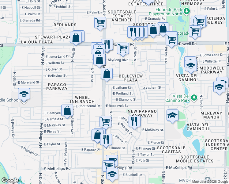 map of restaurants, bars, coffee shops, grocery stores, and more near 1120 North 72nd Place in Scottsdale