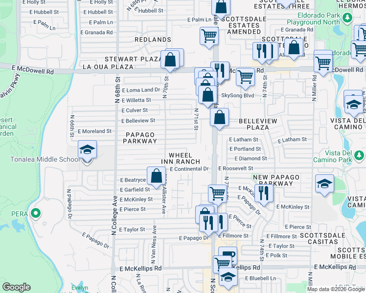 map of restaurants, bars, coffee shops, grocery stores, and more near 7049 East Latham Street in Scottsdale