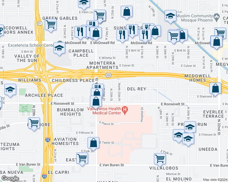 map of restaurants, bars, coffee shops, grocery stores, and more near 1102 North 25th Place in Phoenix