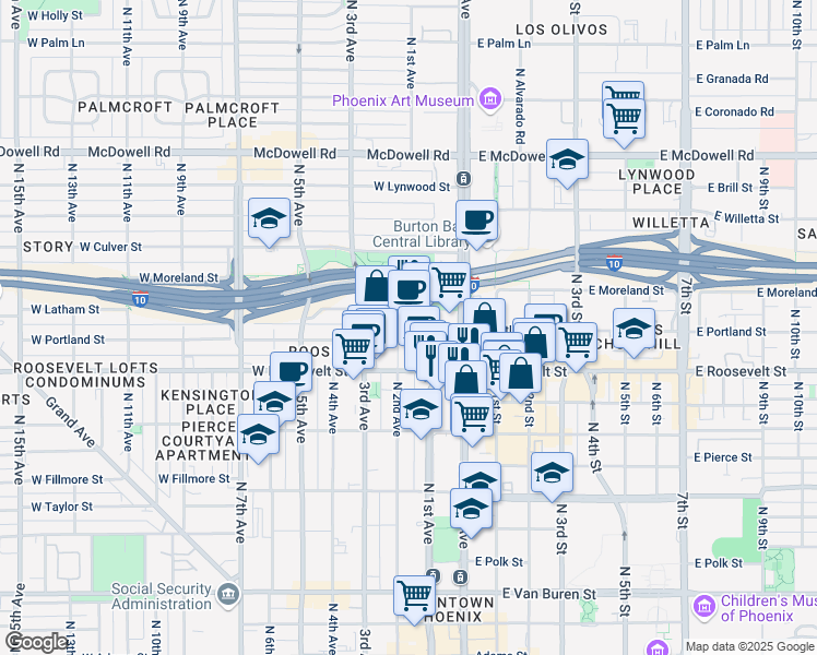 map of restaurants, bars, coffee shops, grocery stores, and more near 200 West Portland Street in Phoenix