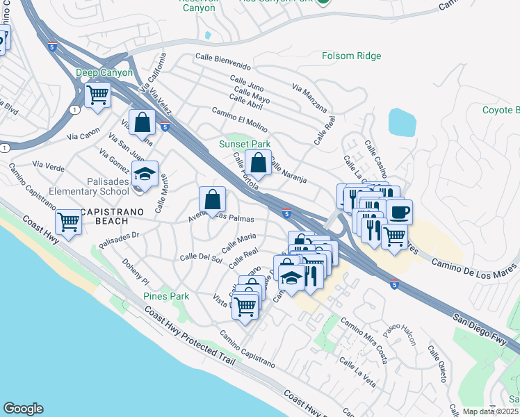 map of restaurants, bars, coffee shops, grocery stores, and more near 34595 Calle Paloma in Dana Point