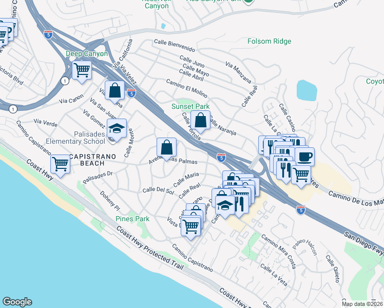 map of restaurants, bars, coffee shops, grocery stores, and more near 34595 Calle Paloma in Dana Point