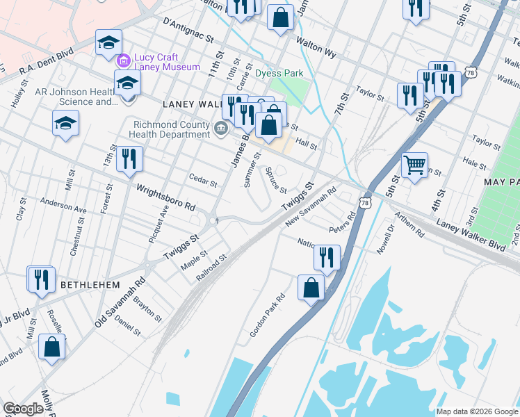 map of restaurants, bars, coffee shops, grocery stores, and more near in Augusta