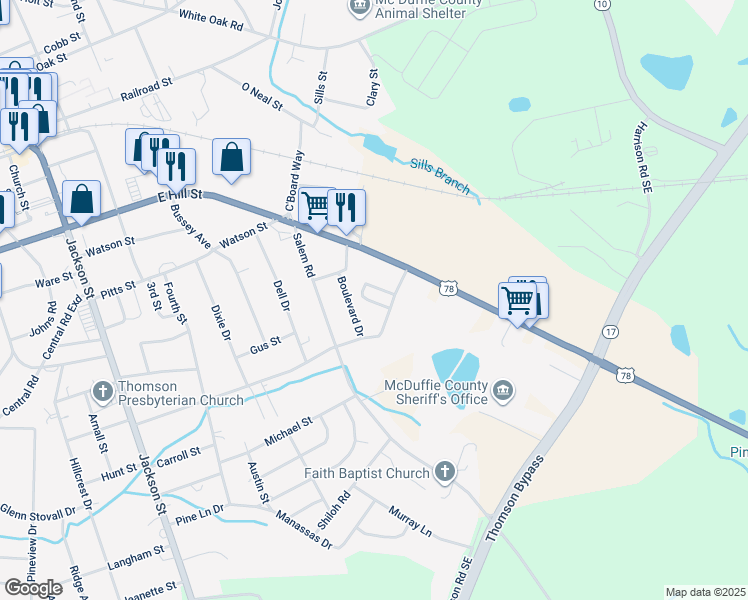 map of restaurants, bars, coffee shops, grocery stores, and more near 9900-9998 Cardinal Street in Thomson