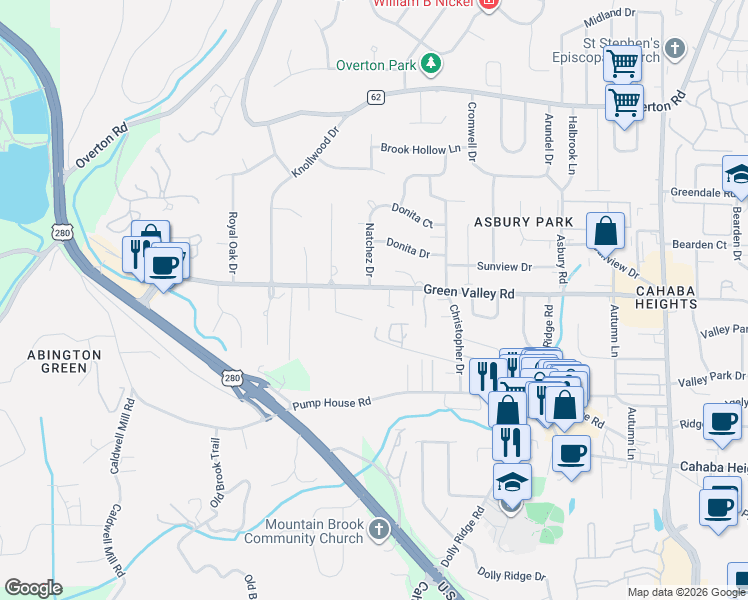 map of restaurants, bars, coffee shops, grocery stores, and more near 2960 Green Valley Road in Vestavia Hills