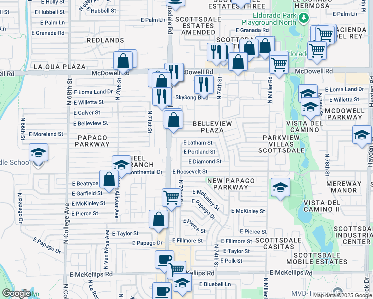 map of restaurants, bars, coffee shops, grocery stores, and more near 1120 North 72nd Place in Scottsdale