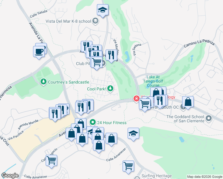 map of restaurants, bars, coffee shops, grocery stores, and more near 78 Paseo Del Rey in San Clemente