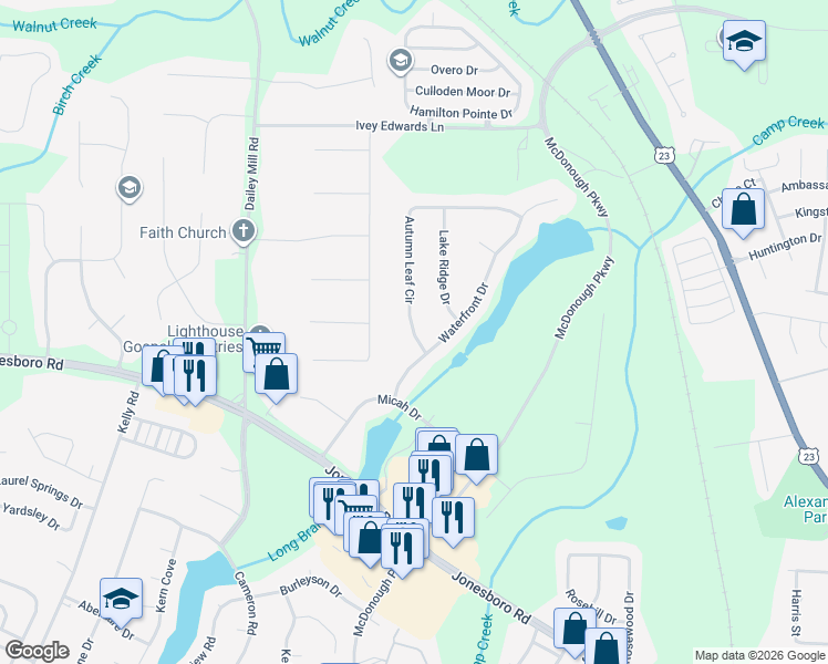 map of restaurants, bars, coffee shops, grocery stores, and more near 602 Autumn Leaf Drive in McDonough