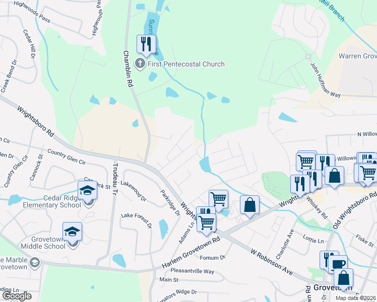 map of restaurants, bars, coffee shops, grocery stores, and more near 165 Brandimere Drive in Grovetown