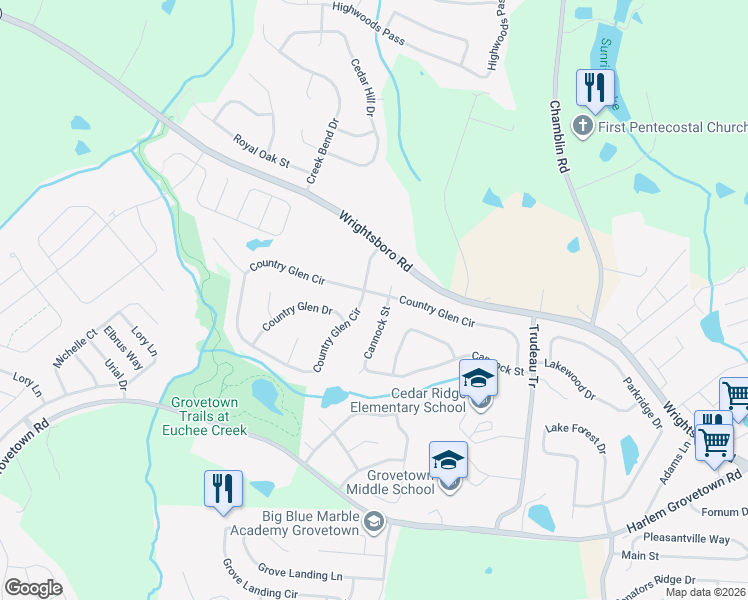 map of restaurants, bars, coffee shops, grocery stores, and more near 4507 Country Glen Circle in Grovetown