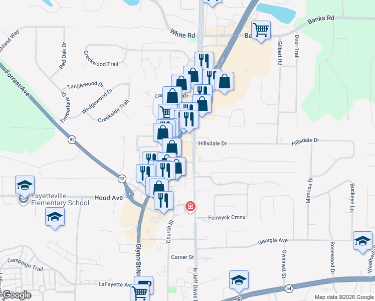 map of restaurants, bars, coffee shops, grocery stores, and more near 604 North Jeff Davis Drive in Fayetteville