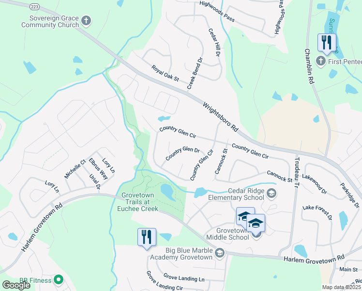 map of restaurants, bars, coffee shops, grocery stores, and more near 517 Country Glen Drive in Grovetown
