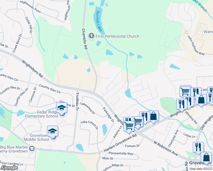 map of restaurants, bars, coffee shops, grocery stores, and more near 219 Lynbrook Way in Grovetown