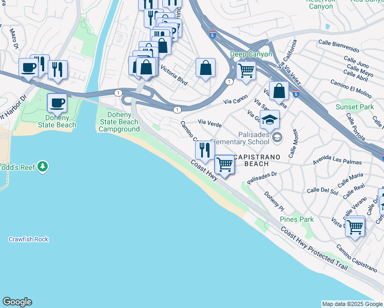 map of restaurants, bars, coffee shops, grocery stores, and more near 34614 Pacific Coast Highway in Dana Point