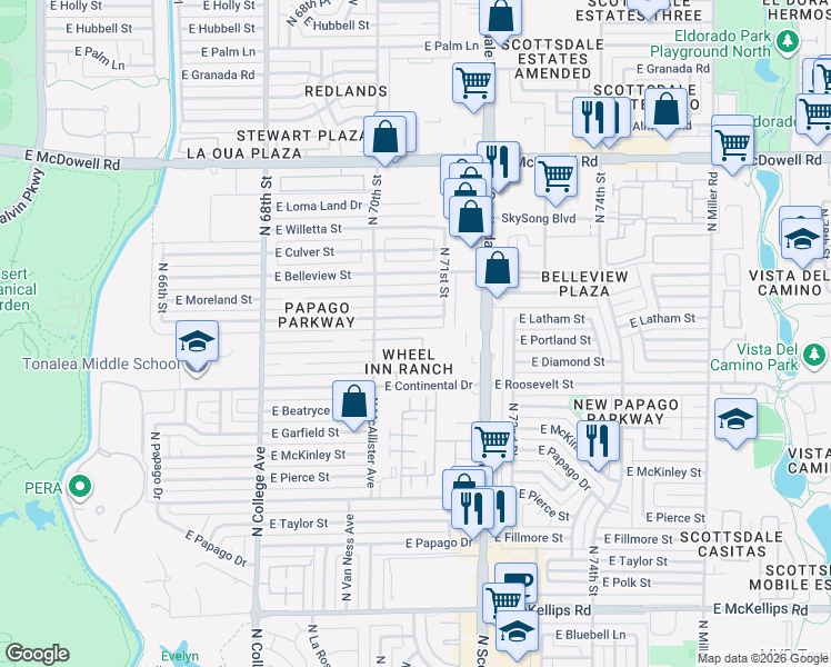 map of restaurants, bars, coffee shops, grocery stores, and more near 7049 East Latham Street in Scottsdale