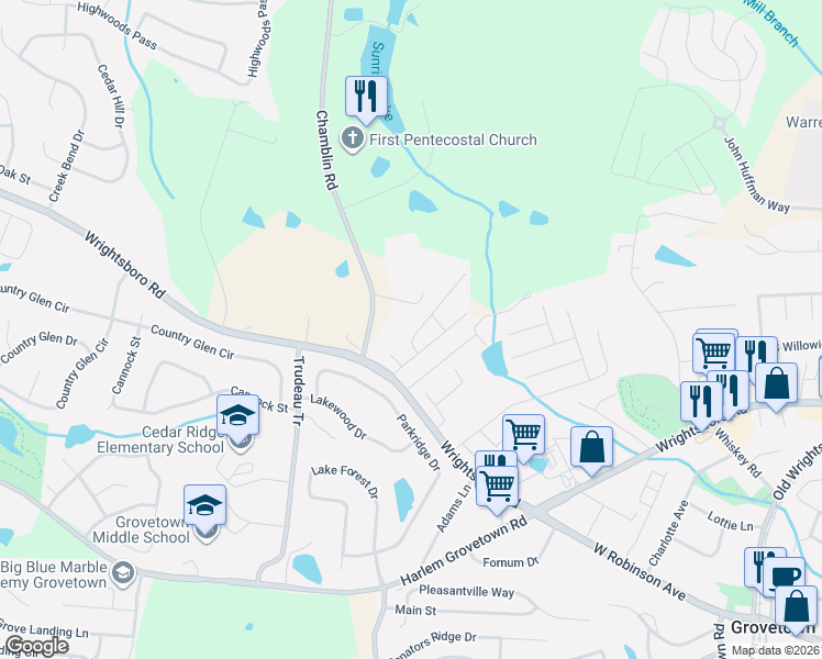 map of restaurants, bars, coffee shops, grocery stores, and more near 231 Lynbrook Way in Grovetown