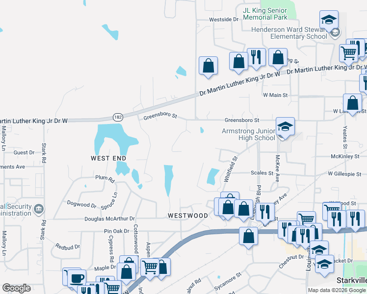 map of restaurants, bars, coffee shops, grocery stores, and more near 113 Forest Hill Drive in Starkville