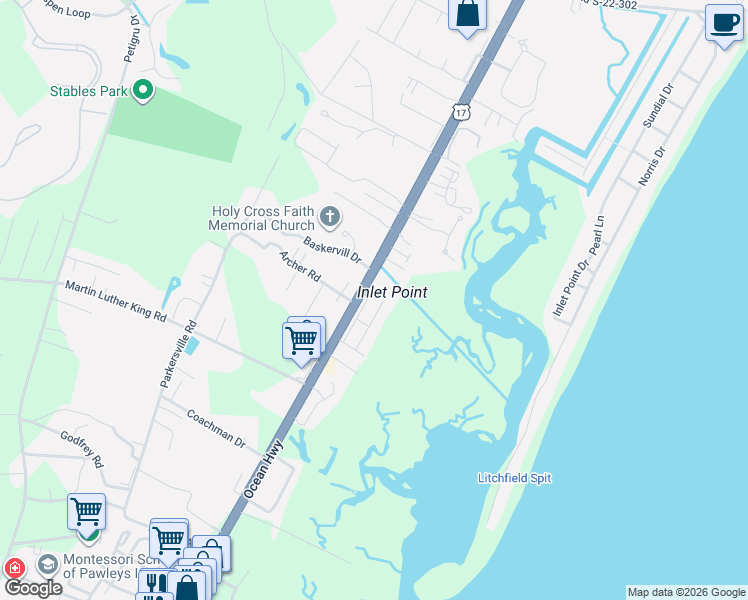 map of restaurants, bars, coffee shops, grocery stores, and more near 137 Windy Lane in Pawleys Island