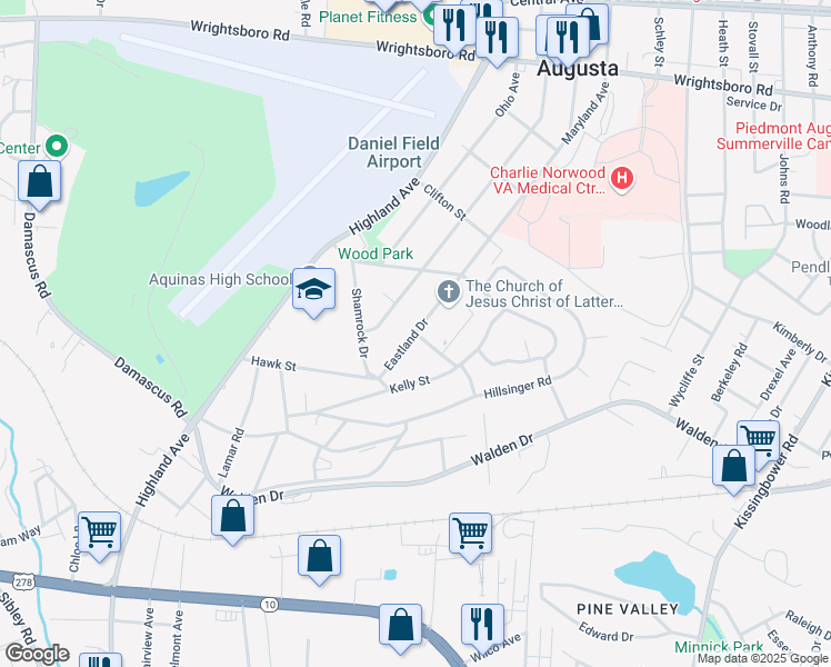 map of restaurants, bars, coffee shops, grocery stores, and more near 2114 Eastland Drive in Augusta