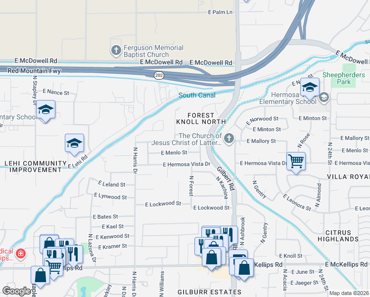 map of restaurants, bars, coffee shops, grocery stores, and more near 2438 North Forest Circle in Mesa