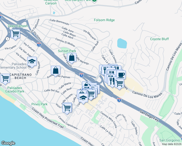 map of restaurants, bars, coffee shops, grocery stores, and more near 34601 Calle Portola in Dana Point