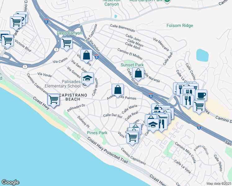 map of restaurants, bars, coffee shops, grocery stores, and more near 26753 Avenida Las Palmas in Dana Point