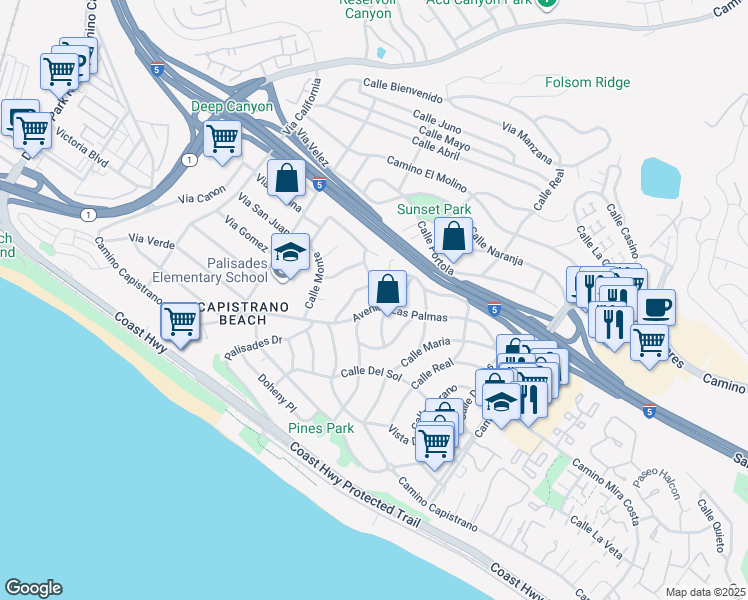 map of restaurants, bars, coffee shops, grocery stores, and more near 26745 Avenida Las Palmas in Dana Point