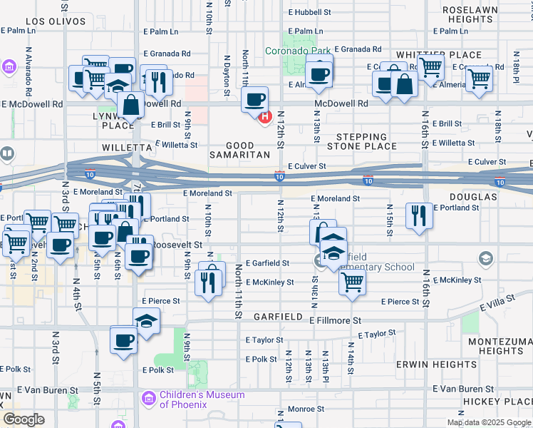 map of restaurants, bars, coffee shops, grocery stores, and more near 1136 East Portland Street in Phoenix