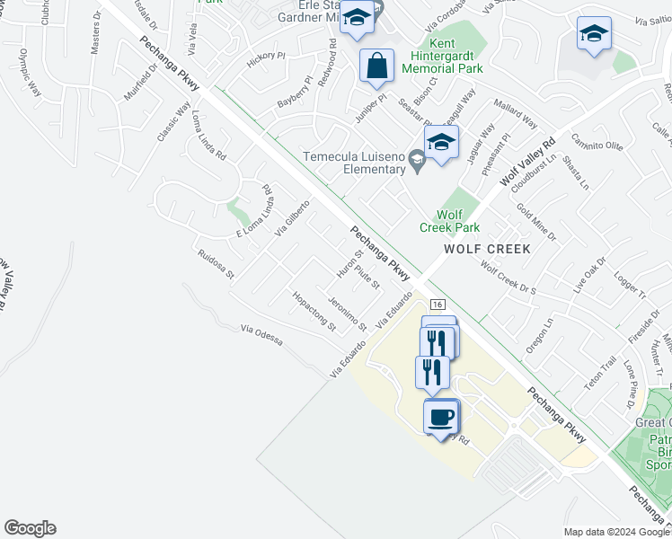 map of restaurants, bars, coffee shops, grocery stores, and more near 45694 Kimo Street in Temecula